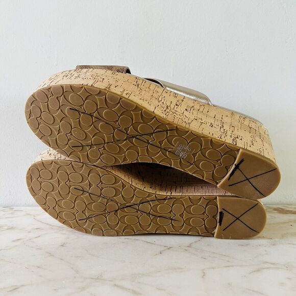 COACH Gold Brown Logo Wedge Heel Platform Slide Sandals - US 9.5 - Picture 8 of 8